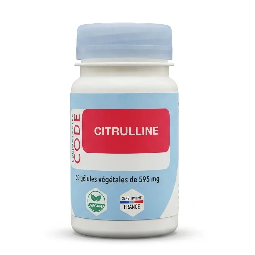 Bouteille de Citrulline en gélules végétales 595 mg avec étiquette rouge sur fond blanc
