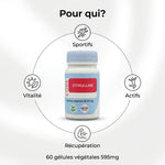 Citrulline en gélules 595mg avec icônes sportifs, actifs, récupération et vitalité sur fond blanc