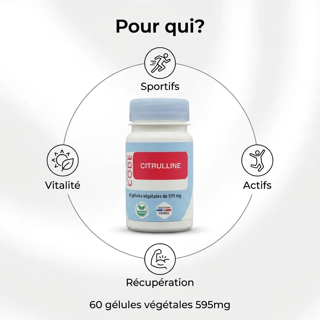 Citrulline en gélules 595mg avec icônes sportifs, actifs, récupération et vitalité sur fond blanc