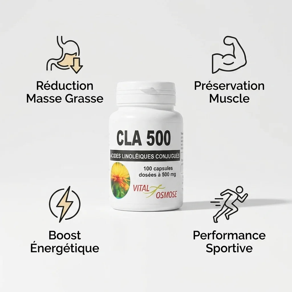 CLA 500 mg Vital Osmose avec bénéfices: réduction masse grasse, préservation muscle, boost énergétique et performance sportive
