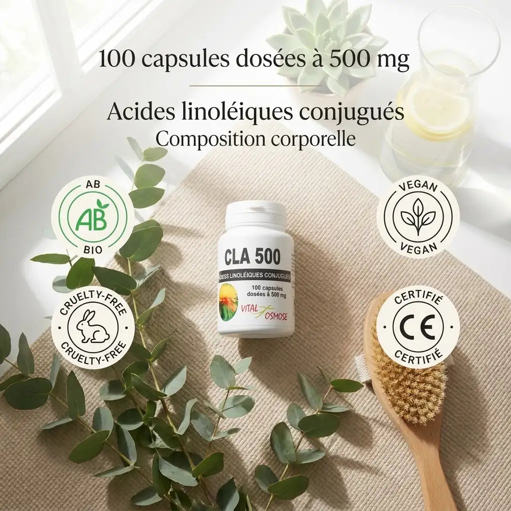 Flacon CLA 500 mg Vital Osmose avec 100 capsules, certifications bio vegan, accessoires wellness sur tapis beige