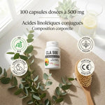 Flacon CLA 500 mg Vital Osmose avec 100 capsules, certifications bio vegan, accessoires wellness sur tapis beige