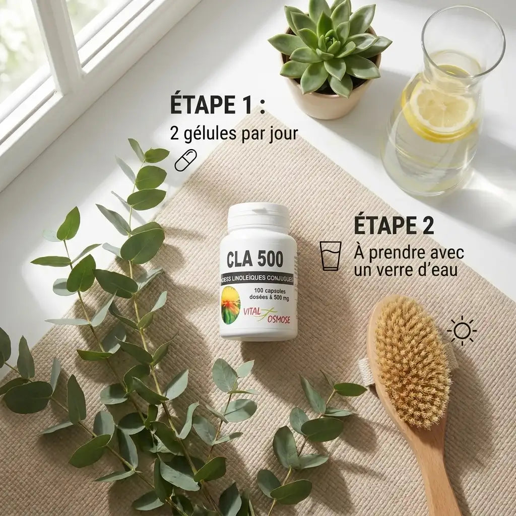 CLA 500 mg Vital Osmose en capsules avec instructions de dosage et éléments naturels