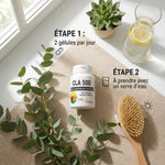 CLA 500 mg Vital Osmose en capsules avec instructions de dosage et éléments naturels