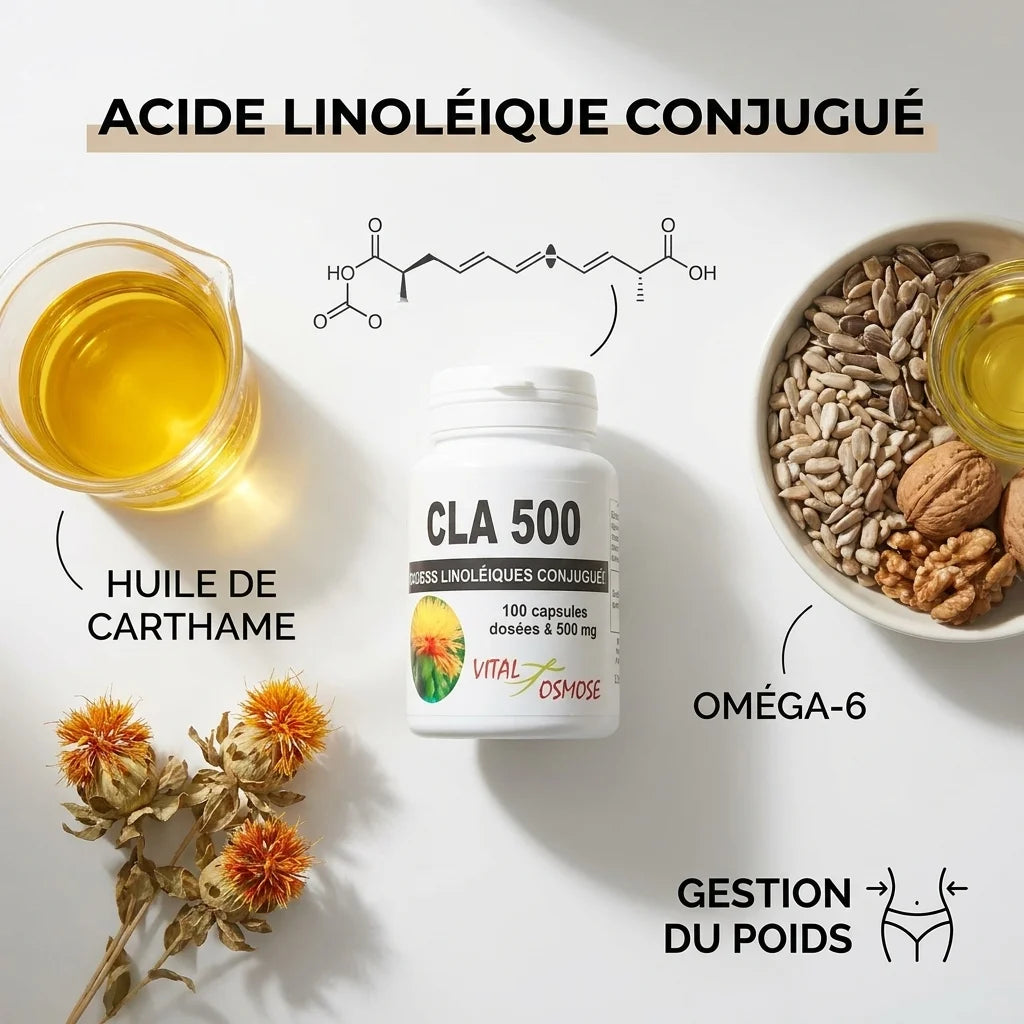 Bouteille de capsules CLA 500 mg avec huile de carthame et acide linoléique conjugué pour la gestion du poids