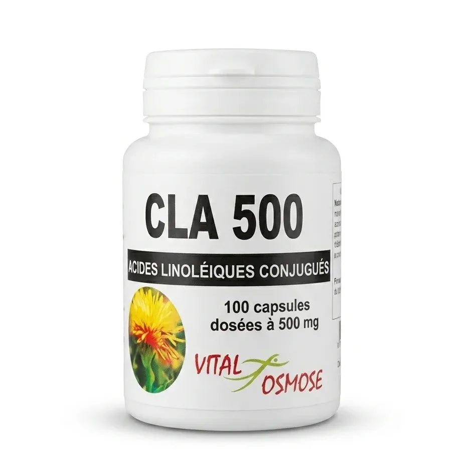 CLA 500 mg capsules Vital Osmose bouteille 100 capsules sur fond blanc