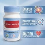Coenzyme Q10 gélules : bouteille produit avec bénéfices énergie cellulaire, antioxydants et soutien cardiovasculaire