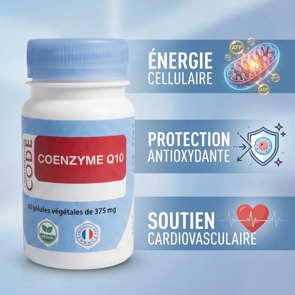 Coenzyme Q10 gélules : bouteille produit avec bénéfices énergie cellulaire, antioxydants et soutien cardiovasculaire