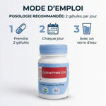 Bouteille de Coenzyme Q10 en gélules avec guide posologie 2 gélules par jour et instructions d'utilisation