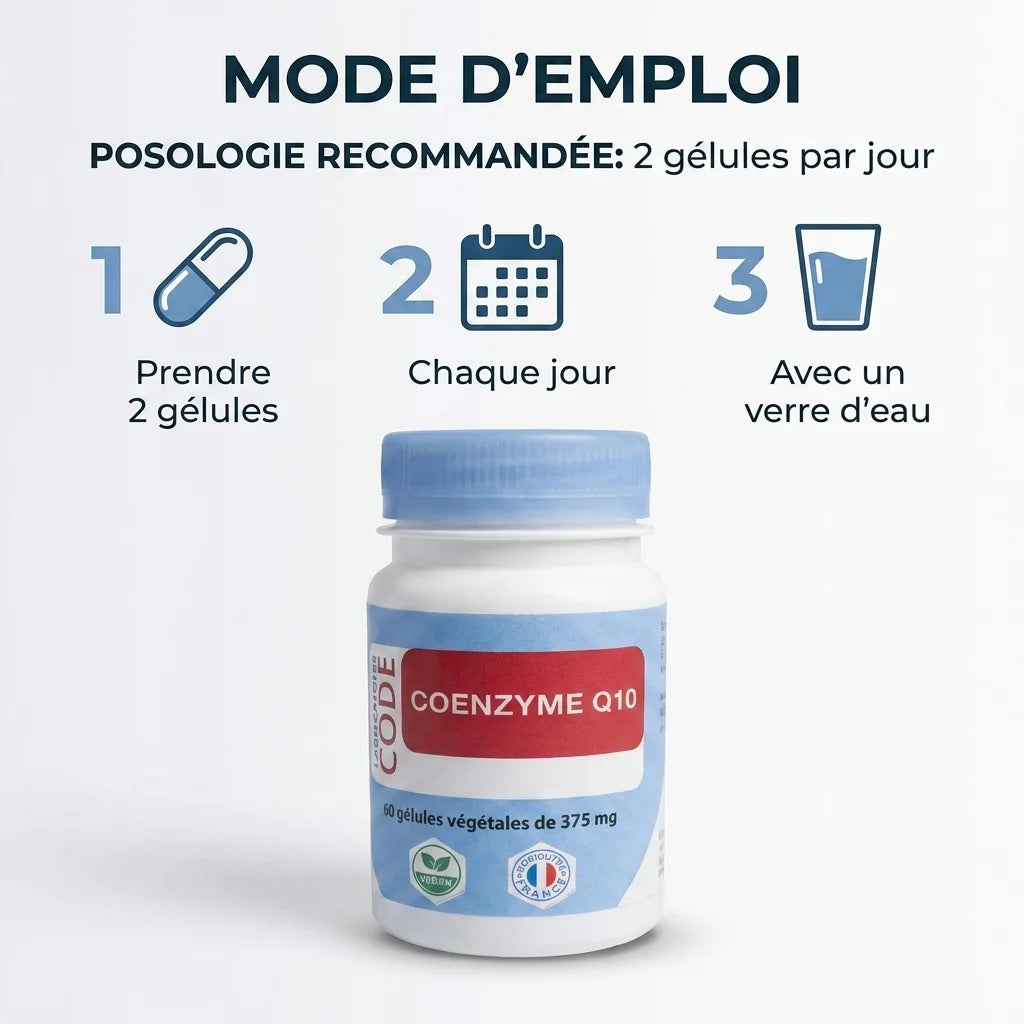 Bouteille de Coenzyme Q10 en gélules avec guide posologie 2 gélules par jour et instructions d'utilisation