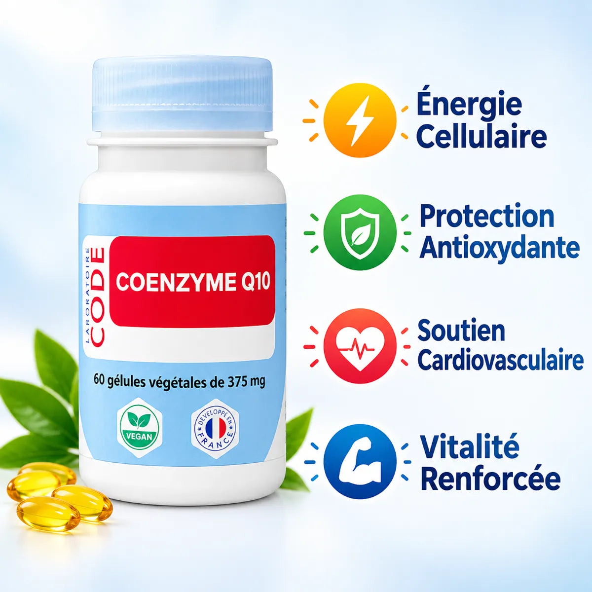 Coenzyme Q10 gélules Laboratoire Code avec bénéfices : énergie cellulaire, antioxydants, santé cardiovasculaire