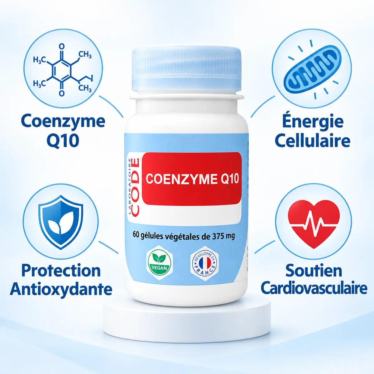 Coenzyme Q10 gélules Laboratoire Code 375mg avec bénéfices énergie cellulaire et antioxydants
