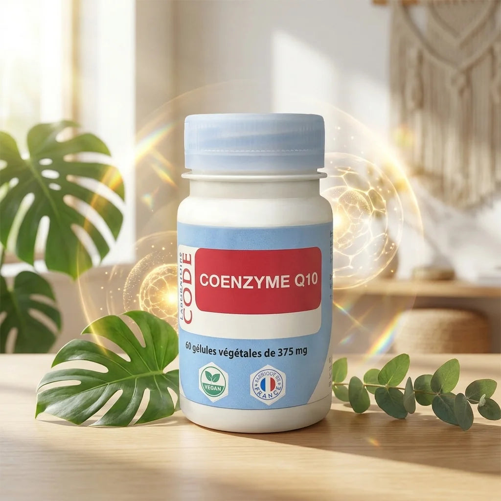 Flacon de Coenzyme Q10 en gélules avec étiquette bleue, blanc et rouge en lumière naturelle