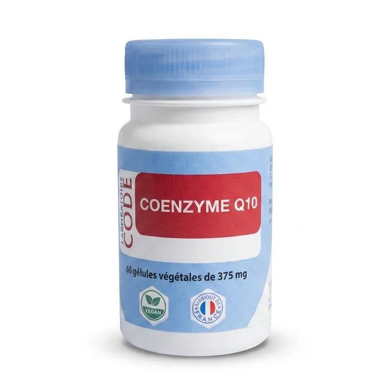 Flacon de Coenzyme Q10 375mg en gélules, complément alimentaire vegan fabriqué en France