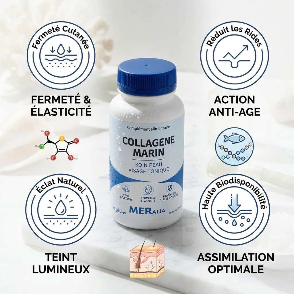 Collagène marin MERalia en gélules avec bénéfices : fermeté cutanée, réduction des rides et éclat naturel