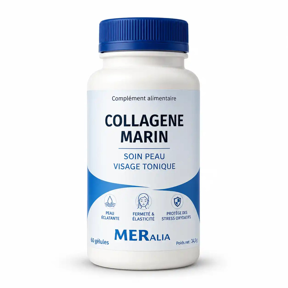 Flacon de Collagène Marin MERALIA en gélules avec bouchon bleu et étiquette blanche

