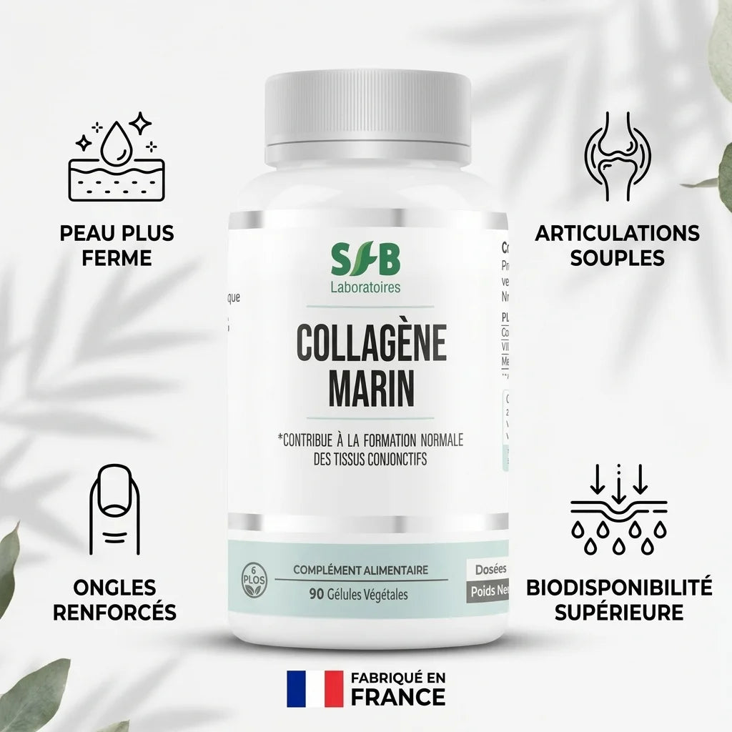 Collagène marin SFB en gélules avec ses 5 bénéfices : peau ferme, articulations, ongles, biodisponibilité, fabrication France