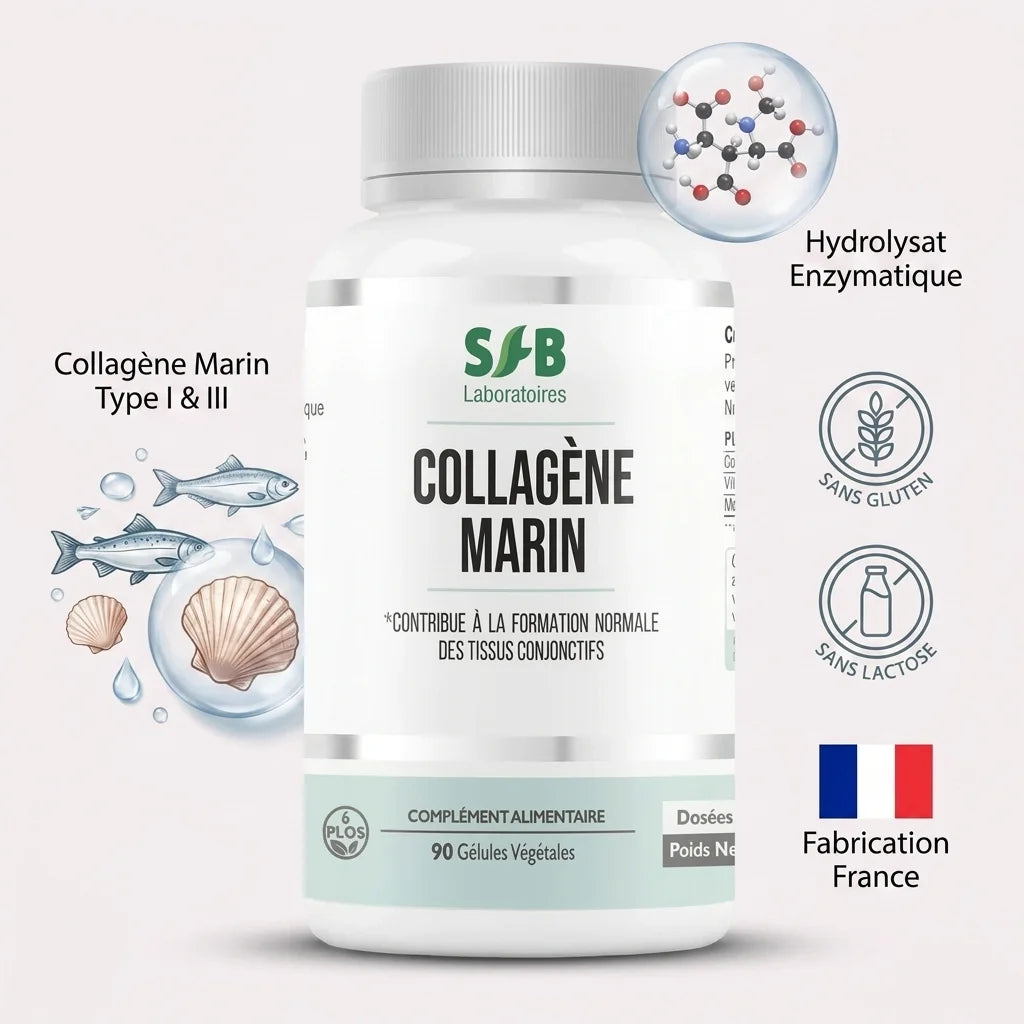 Bouteille collagène marin SFB avec ingrédients, sans gluten, fabrication France - gélules marine