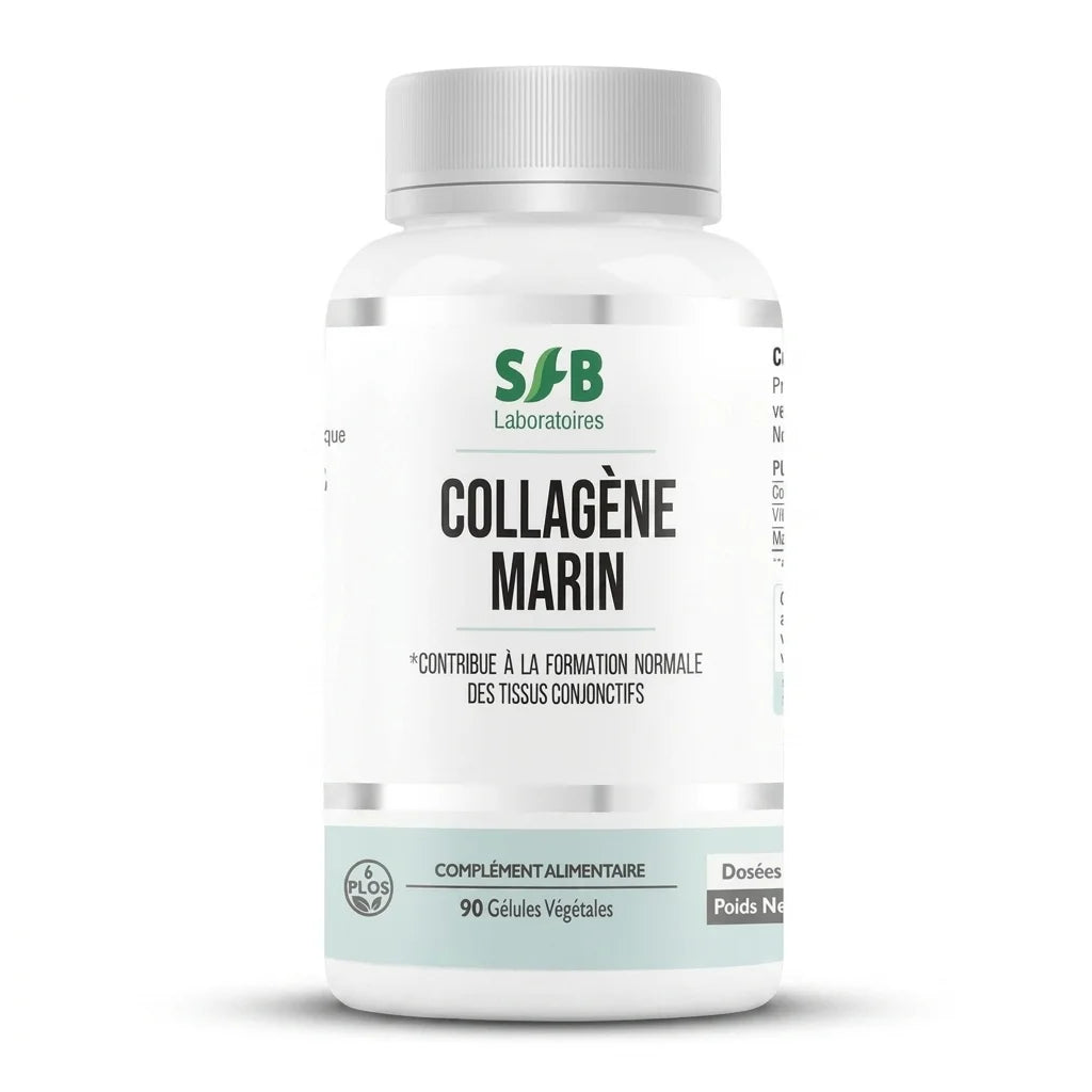 Bouteille de gélules de collagène marin SFB Laboratoires sur fond blanc