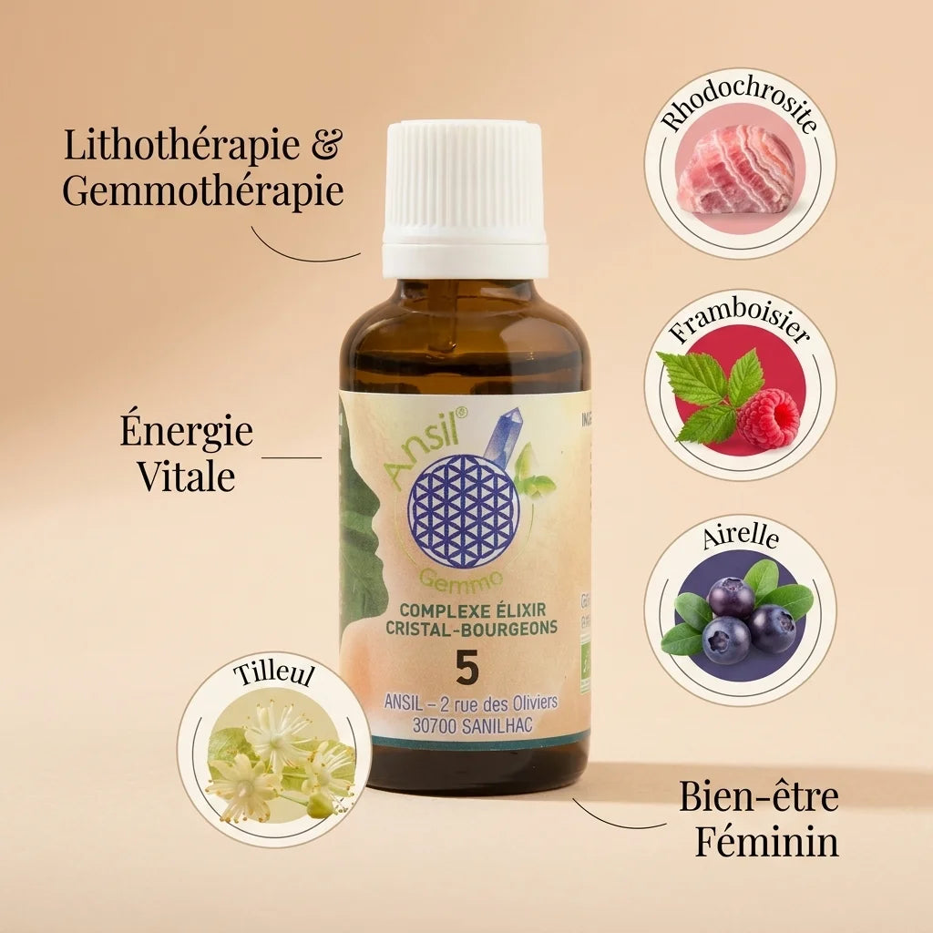 Complexe Bio n°5 Rhodochrosite Framboisier Airelle Tilleul - Lithothérapie bien-être féminin