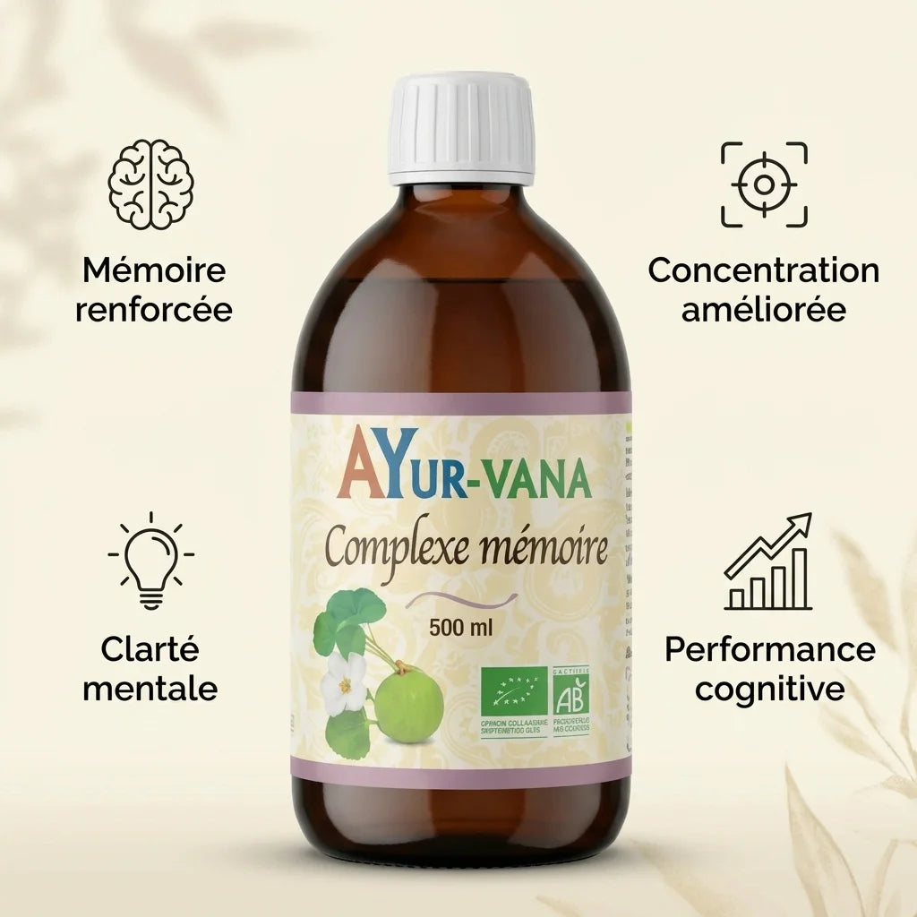 Complexe Mémoire Ayurvana 500ml avec bénéfices : mémoire, concentration, clarté mentale et cognition