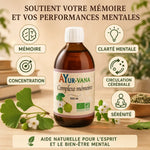 Complexe mémoire bio 500ml Ayurvana avec bénéfices : mémoire, concentration, clarté mentale et circulation cérébrale