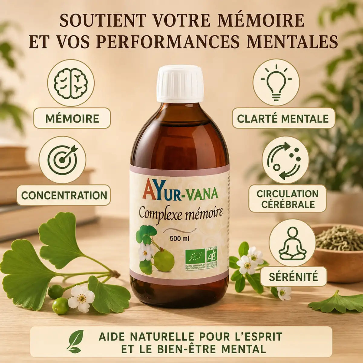 Complexe mémoire bio 500ml Ayurvana avec bénéfices : mémoire, concentration, clarté mentale et circulation cérébrale