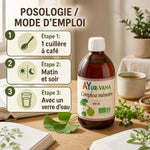 Complexe mémoire bio 500ml Ayurvana avec posologie - flacon et plantes ayurvédiques