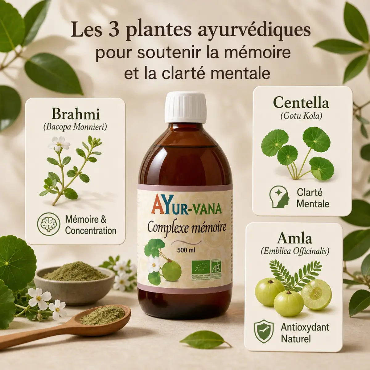 Complexe mémoire bio 500ml Ayurvana avec Brahmi et Centella pour concentration et clarté mentale
