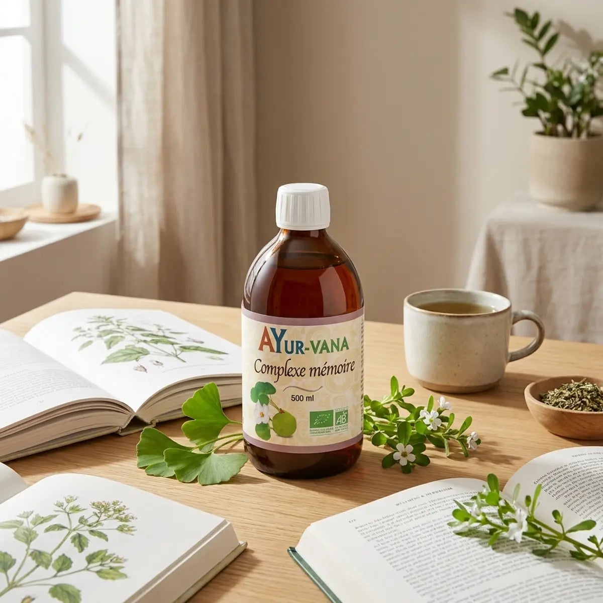 Complexe mémoire bio 500ml Ayurvana avec ginkgo et brahmi pour la clarté cognitive
