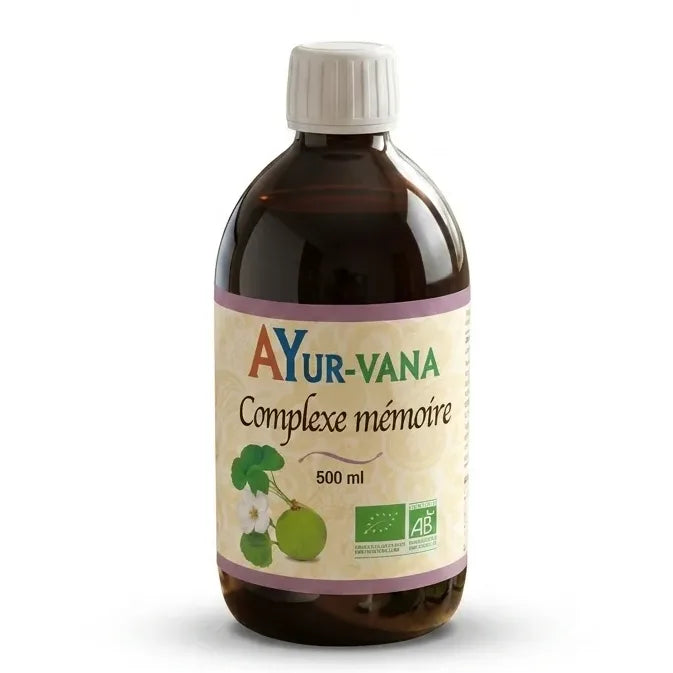 Bouteille Complexe mémoire bio 500ml Ayurvana sur fond blanc