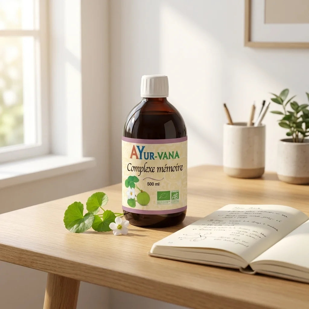Bouteille Ayurvana Complexe Mémoire sur un bureau avec gotu kola et carnet pour la clarté mentale