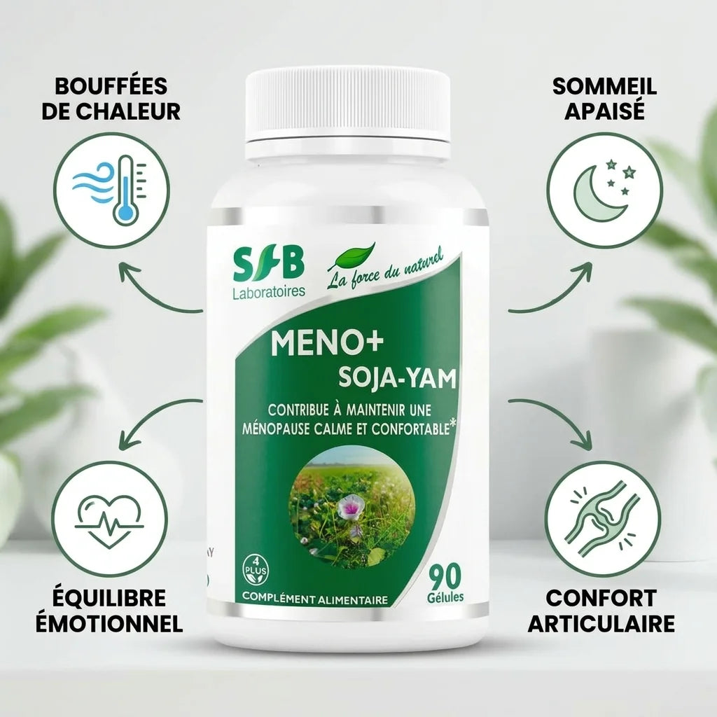 Méno+ Soja Yam gélules ménopause avec bénéfices bouffées de chaleur sommeil équilibre émotionnel
