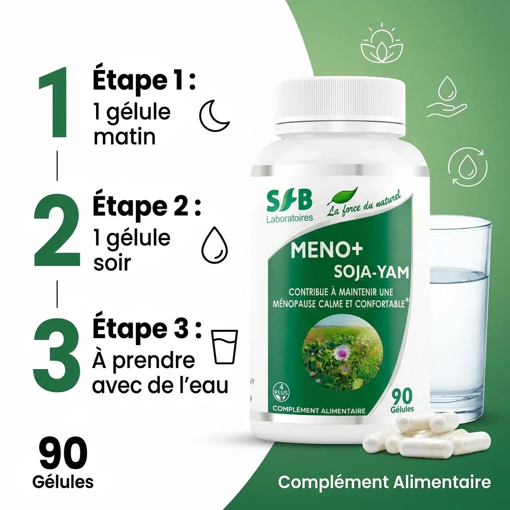 Complément alimentaire Méno+ Soja Yam en gélules SFB avec instructions posologie pour ménopause