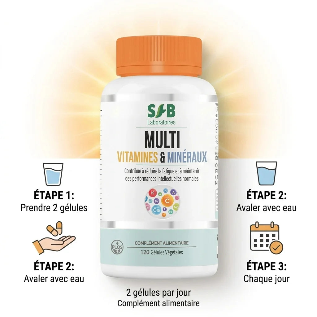 Complexe vitamines et minéraux SFB - 2 gélules par jour, complément alimentaire en flacon avec mode d'emploi