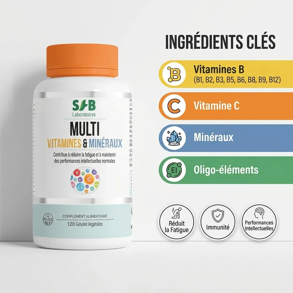 Complexe vitamines et minéraux SFB en gélules avec infographie des ingrédients actifs et bénéfices