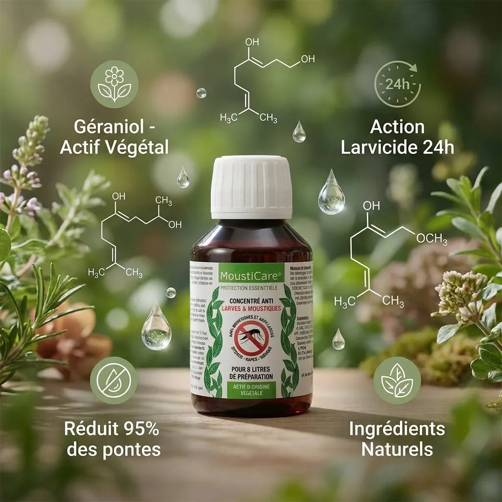 Concentré Anti-Larves MoustiCare avec géraniol naturel, réduction 95% pontes de moustiques