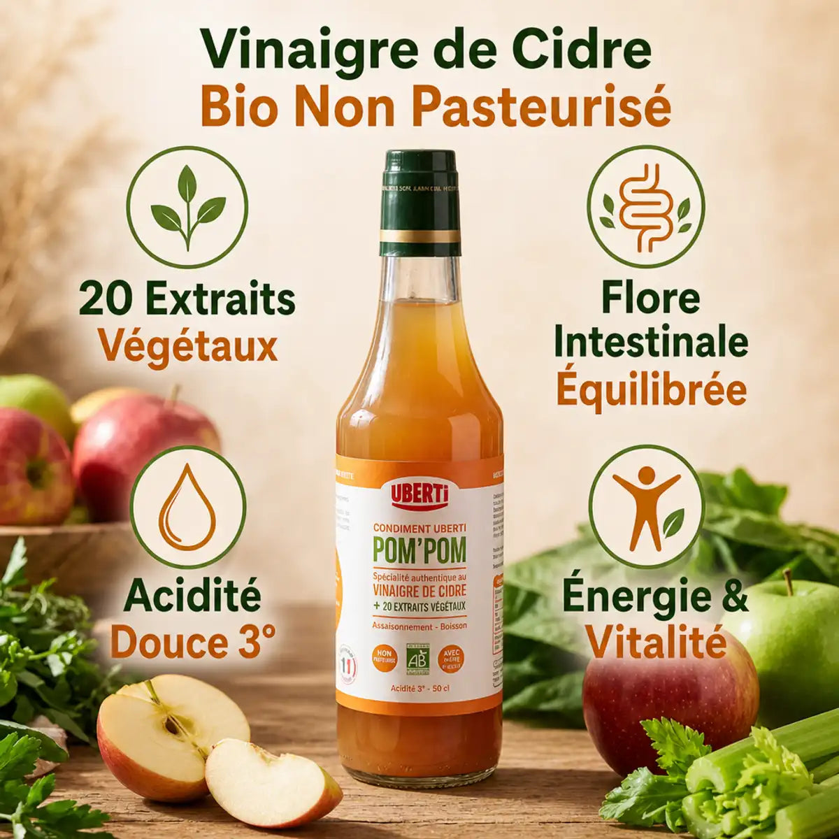 Bouteille Condiment Pom'Pom bio avec vinaigre de cidre, extraits végétaux et bénéfices santé