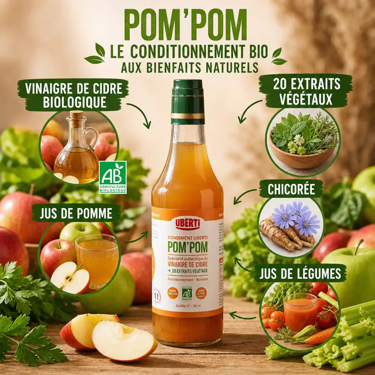 Bouteille Pom'Pom bio condiment avec ingrédients naturels : vinaigre cidre, extraits végétaux, fruits et légumes