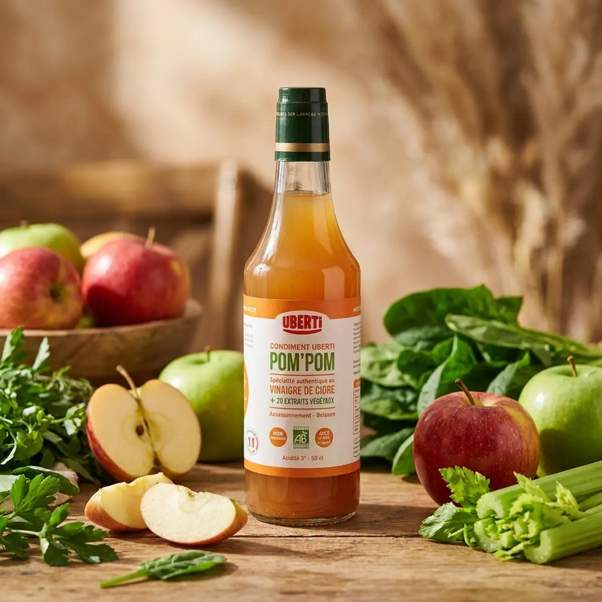Bouteille de Condiment Pom'Pom bio entourée de pommes fraîches et légumes verts sur table rustique