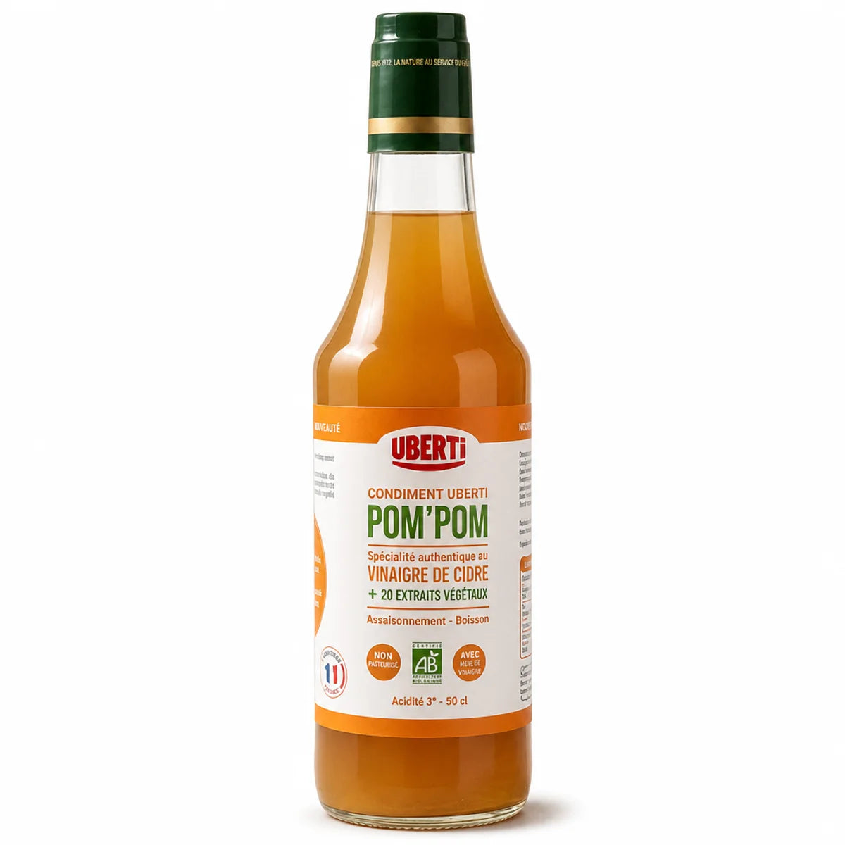 Bouteille de Condiment Pom'Pom bio 50cl avec étiquette verte sur fond blanc