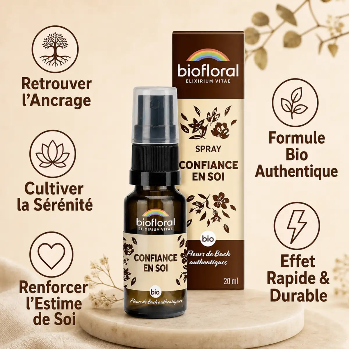 Spray Confiance en soi Biofloral 20ml avec bénéfices : ancrage, sérénité, estime de soi