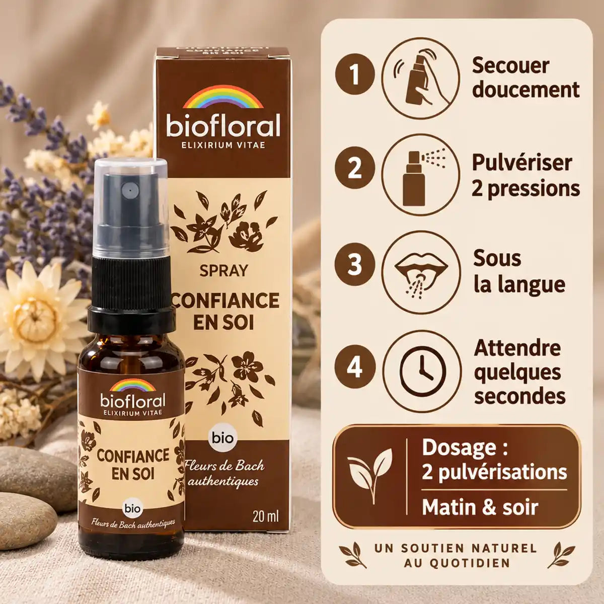 Flacon Biofloral 20 ml de fleurs de Bach « Confiance en soi » bio en spray, avec mode d'emploi : secouer, pulvériser 2 pressions sous la langue.