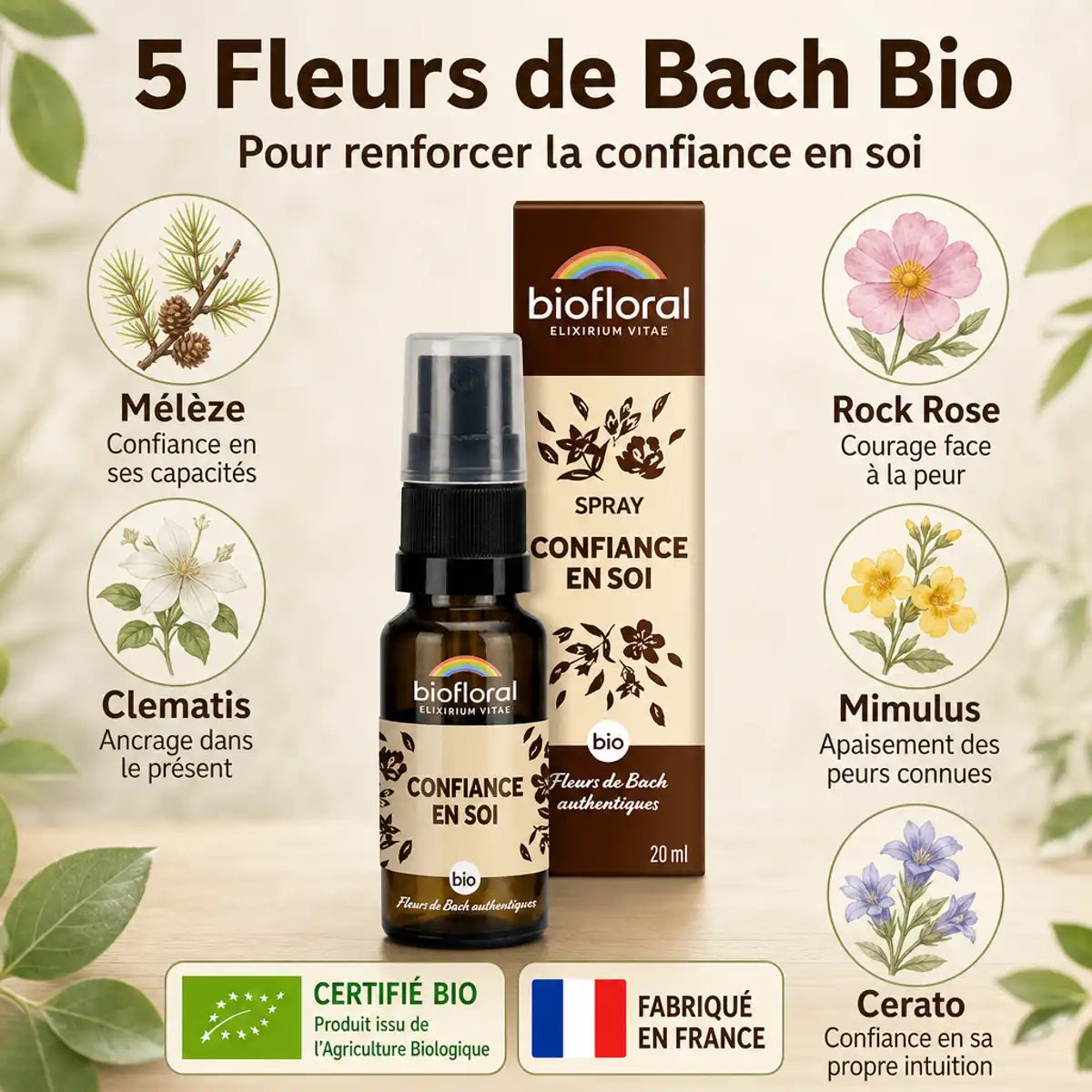 Spray Confiance en soi Biofloral 20ml avec 5 fleurs de Bach bio certifiées, fabriqué en France