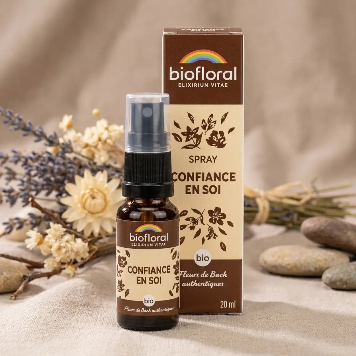 Spray Confiance en soi Biofloral 20ml Fleurs de Bach sur fond wellness naturel