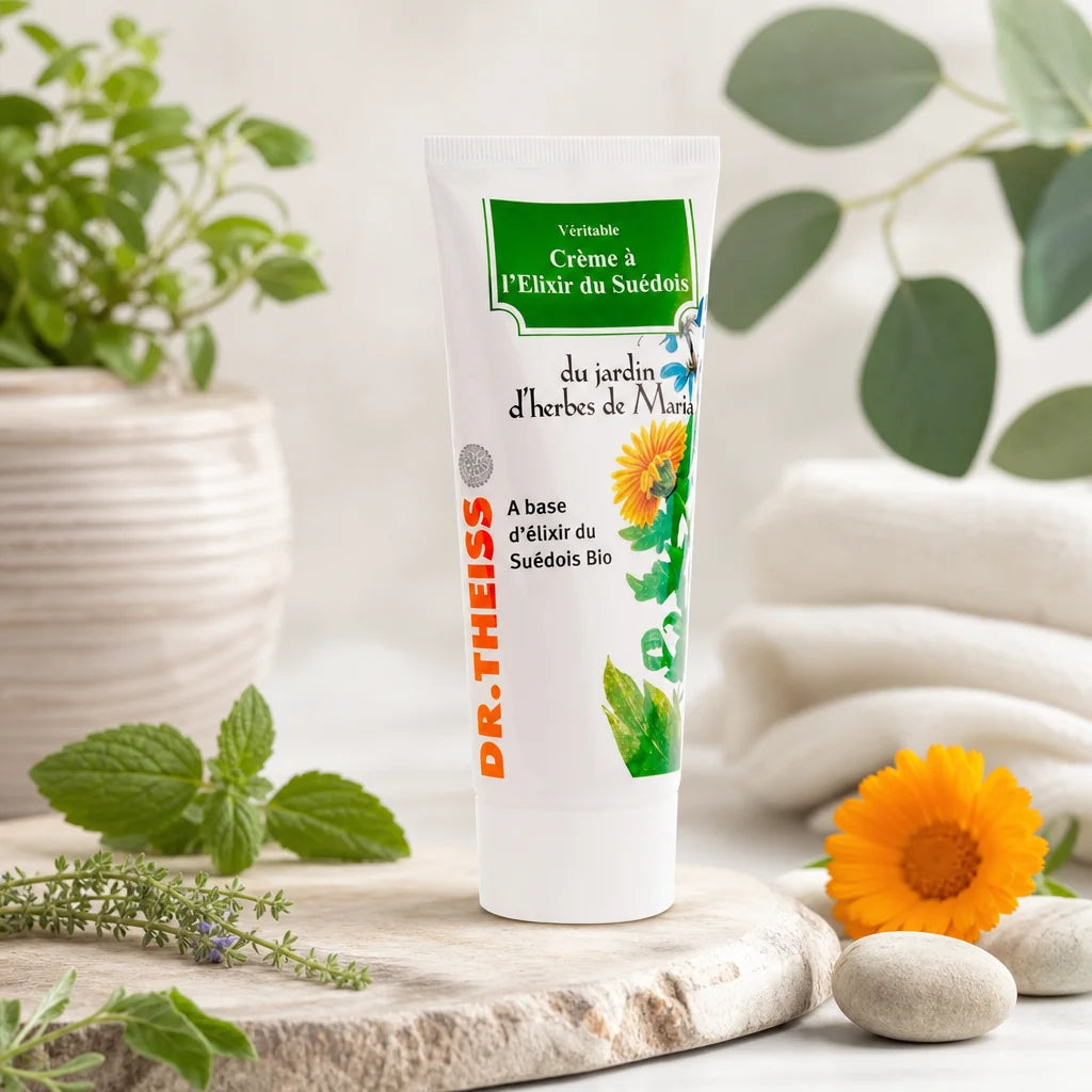 Tube crème élixir suédois Dr.Theiss avec herbes botaniques et ambiance spa naturelle