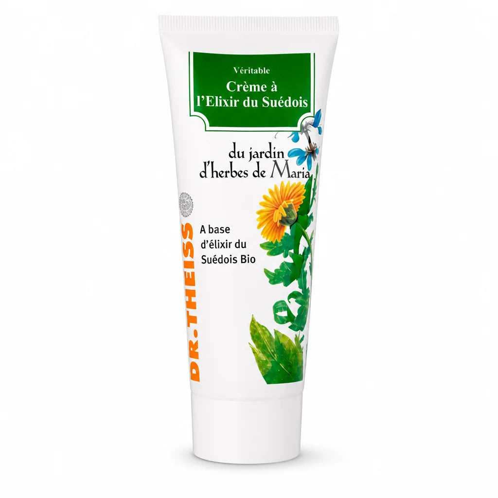 Tube de Crème à l'Élixir du Suédois Dr.Theiss sur fond blanc, produit de soin naturel suédois
