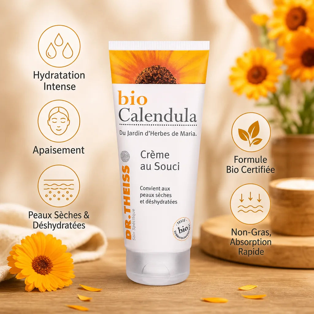 Crème Bio Calendula Dr. Theiss tube blanc avec bénéfices : hydratation, apaisement, peaux sèches