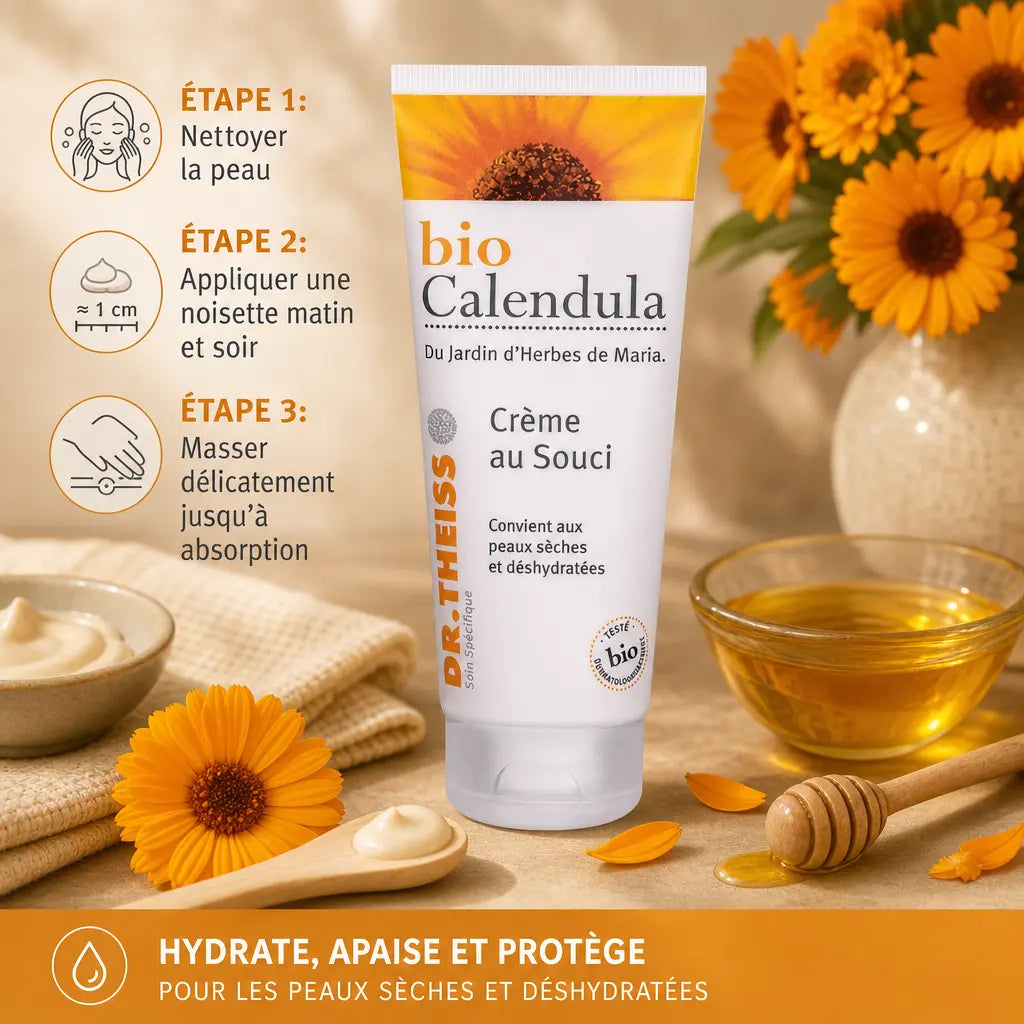 Crème au Souci Bio Calendula Dr. Theiss avec fleurs calendula et instructions d'application étape par étape