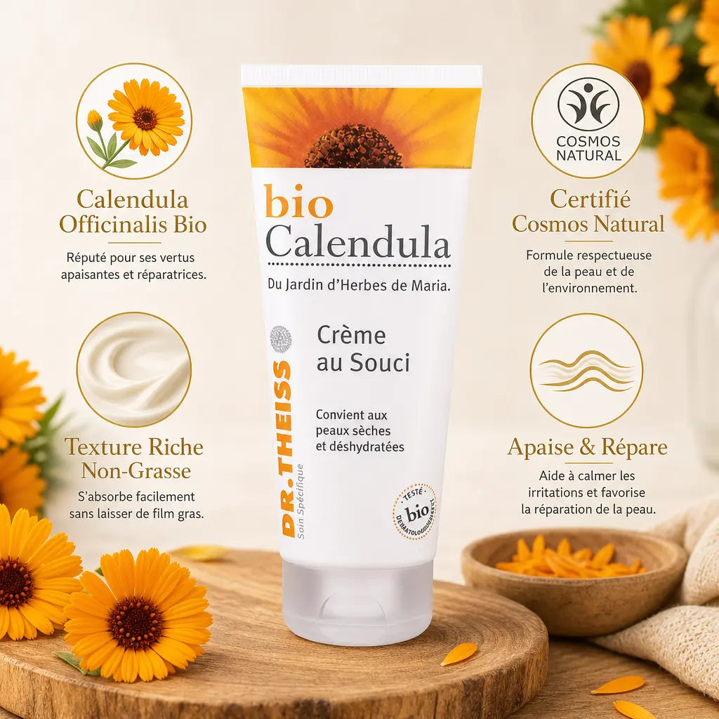 Crème Calendula bio Dr. Theiss avec fleurs fraîches et infographie des ingrédients naturels